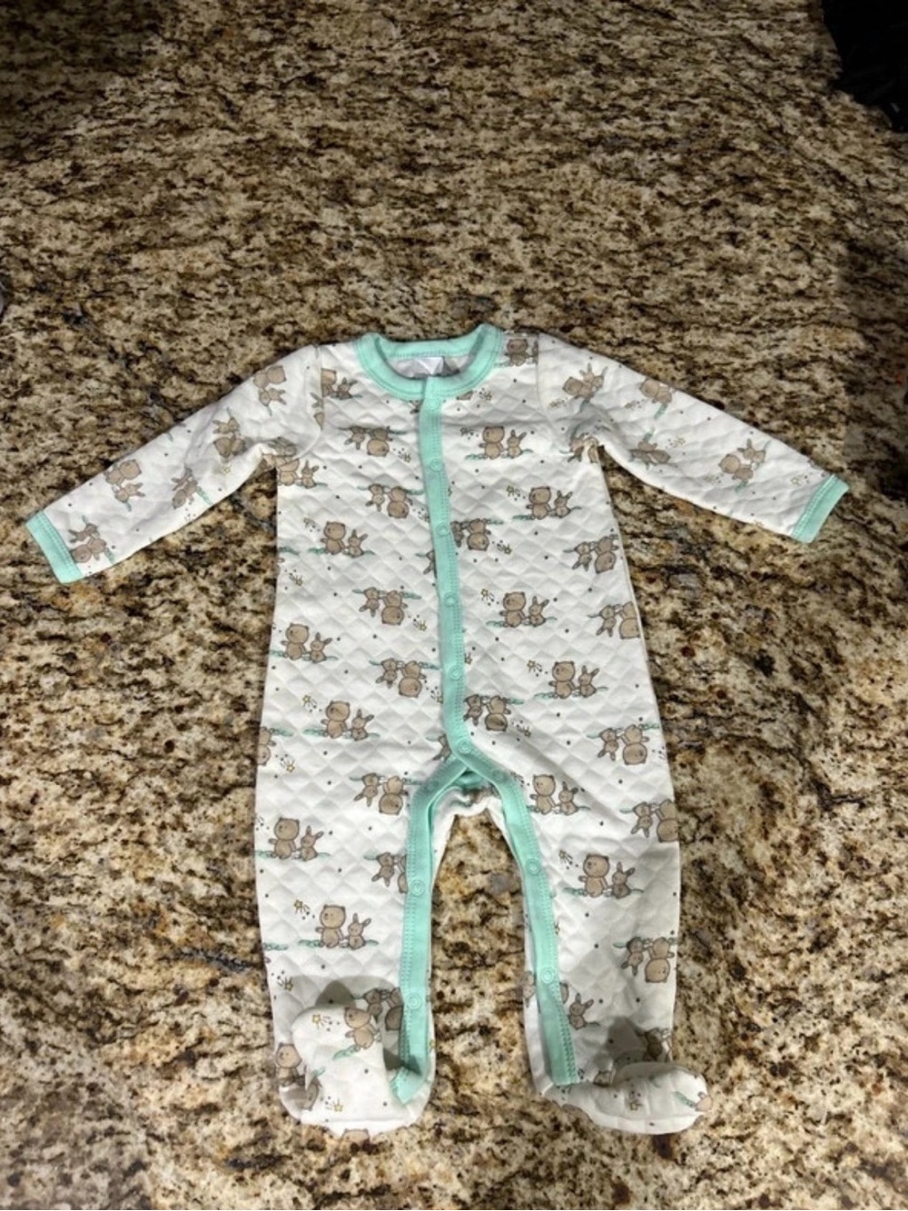 Quilted Baby Footed One-Piece in Mint with Bear Print